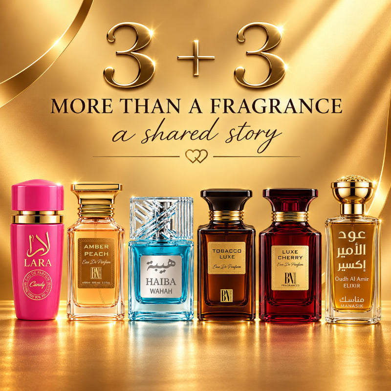 SET CADOU 3+3 – LARA CANDY + AMBER PEACH + HAIBA WAHAH + TOBACCO LUXE + LUXE CHERRY + OUD AL AMIR ELIXIR