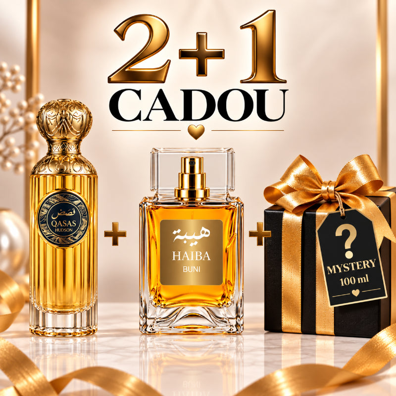 SET PARFUMURI UNISEX 2+1 MYSTERY – HAIBA BUNI + QASAS HUDSON + 1 PARFUM MYSTERY CADOU