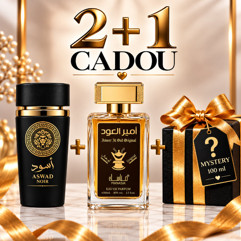 SET PARFUMURI BĂRBAȚI 2+1 MYSTERY – ASWAD NOIR + AMEER AL OUD ORIGINAL + 1 PARFUM MYSTERY CADOU