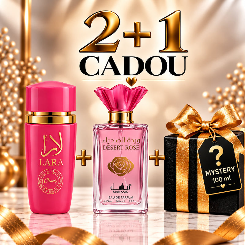 SET PARFUMURI DAMĂ 2+1 MYSTERY – LARA CANDY + DESERT ROSE + 1 PARFUM MYSTERY CADOU