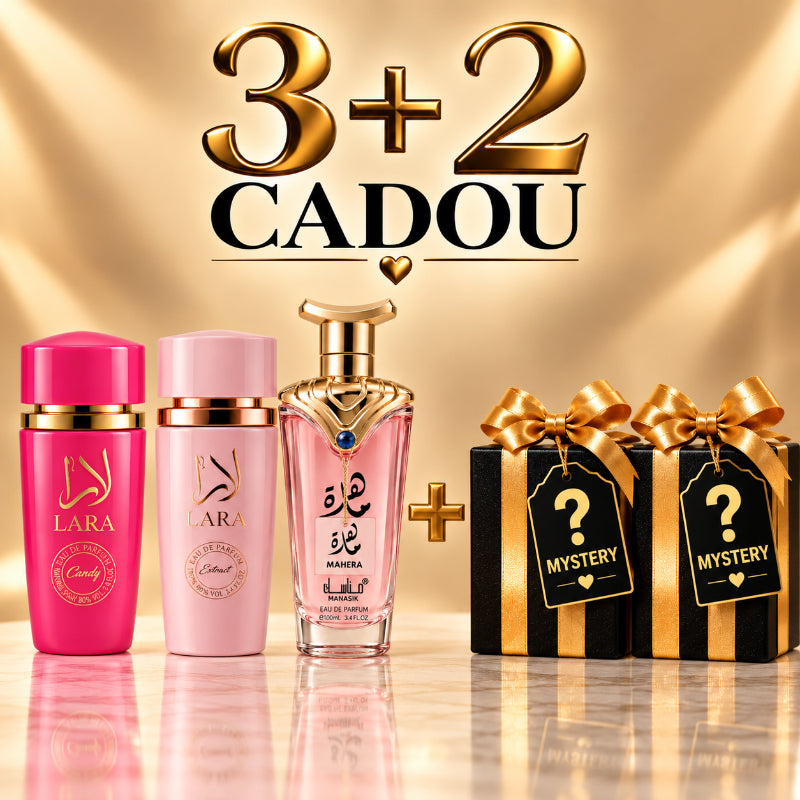 SET PARFUMURI DAMĂ 3+2 MYSTERY – LARA CANDY + LARA PINK + MAHERA + 2 PARFUMURI MYSTERY CADOU