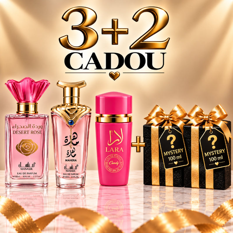 SET PARFUMURI DAMĂ 3+2 MYSTERY – DESERT ROSE + MAHERA + LARA CANDY + 2 PARFUMURI MYSTERY CADOU