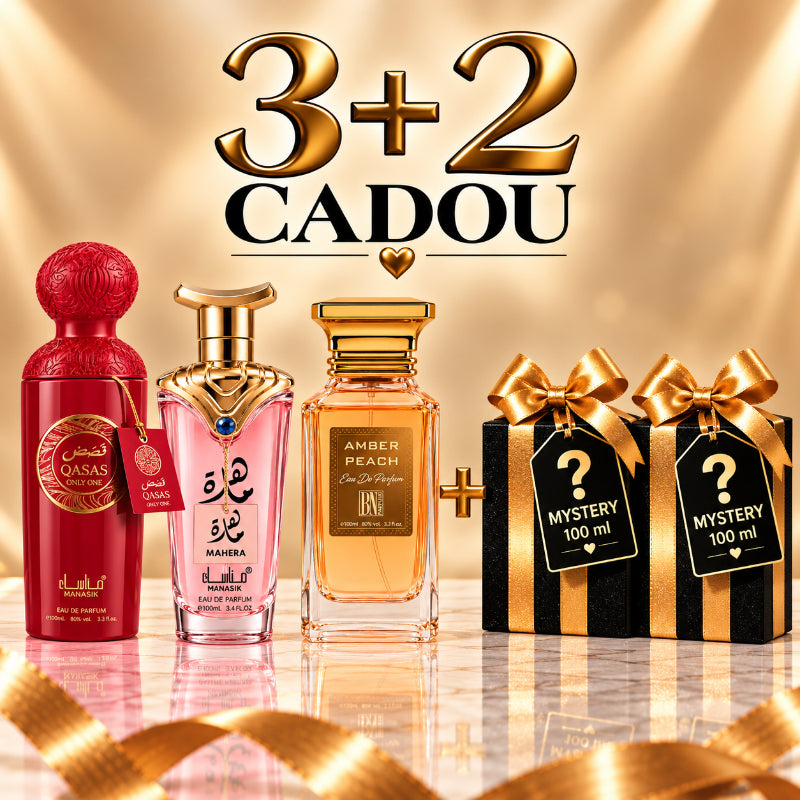 SET PARFUMURI DAMĂ 3+2 MYSTERY – QASAS ONLY ONE + MAHERA + AMBER PEACH + 2 PARFUMURI MYSTERY CADOU