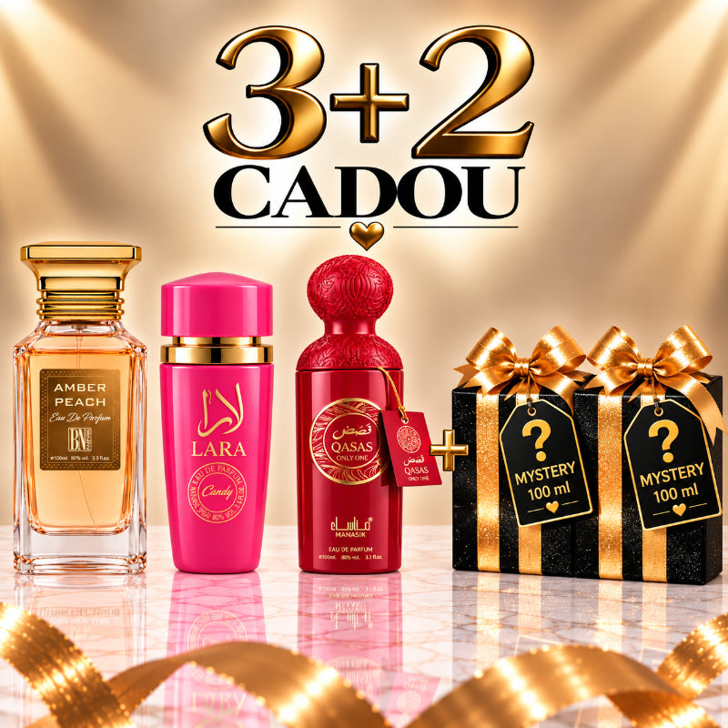 SET PARFUMURI DAMĂ 3+2 MYSTERY – AMBER PEACH + LARA CANDY + QASAS ONLY ONE + 2 PARFUMURI MYSTERY CADOU