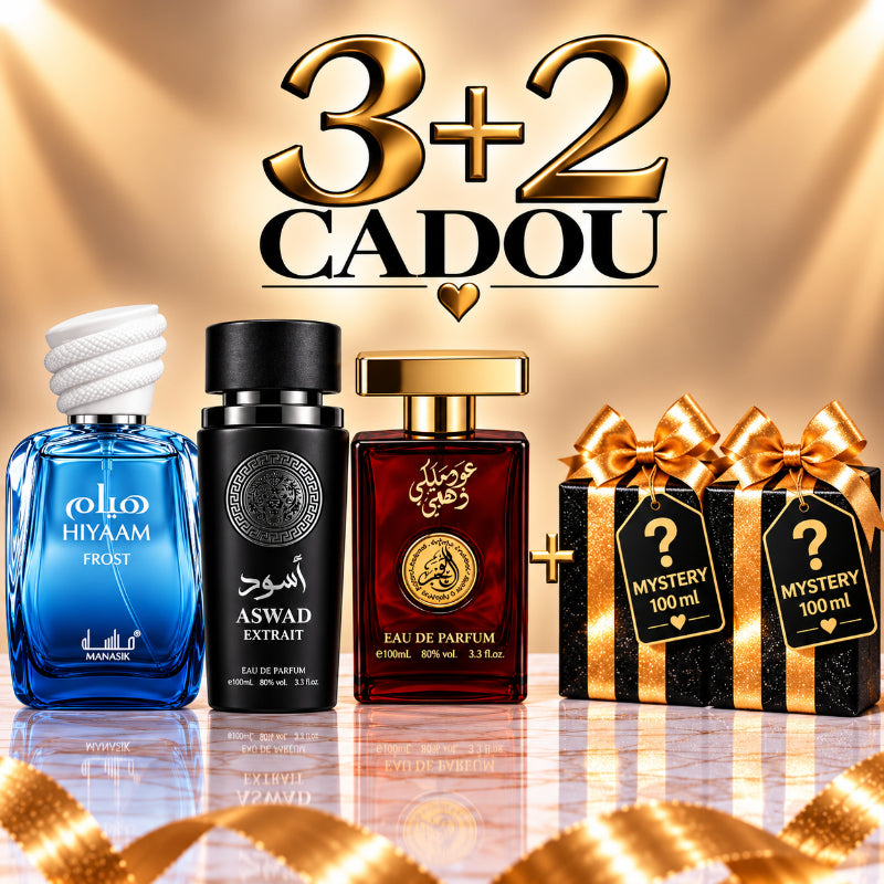 SET PARFUMURI BĂRBAȚI 3+2 MYSTERY – HIYAAM FROST + ASWAD EXTRACT + OUD MALAKI + 2 PARFUMURI MYSTERY CADOU