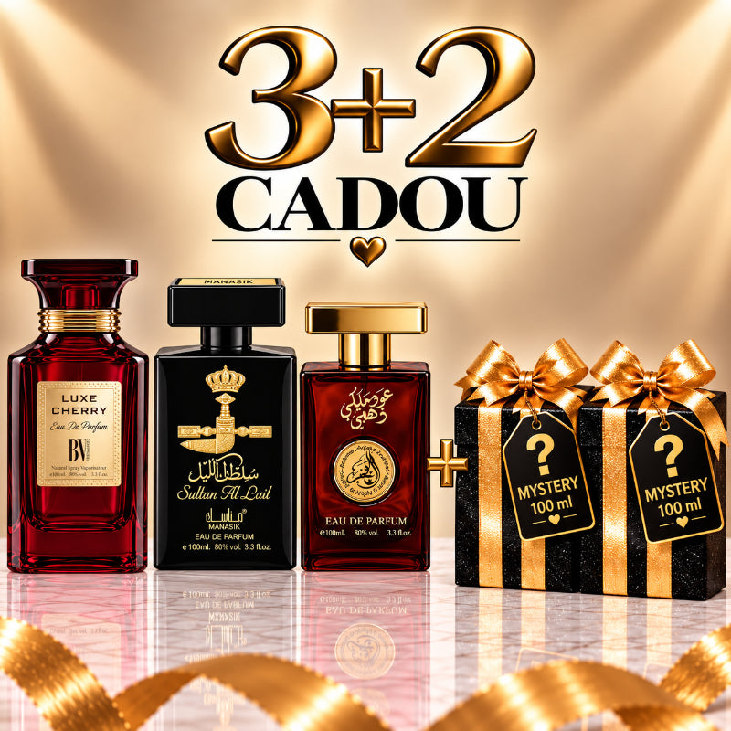 SET PARFUMURI BĂRBAȚI 3+2 MYSTERY – LUXE CHERRY + SULTAN AL LAIL + OUD MALAKI + 2 PARFUMURI MYSTERY CADOU
