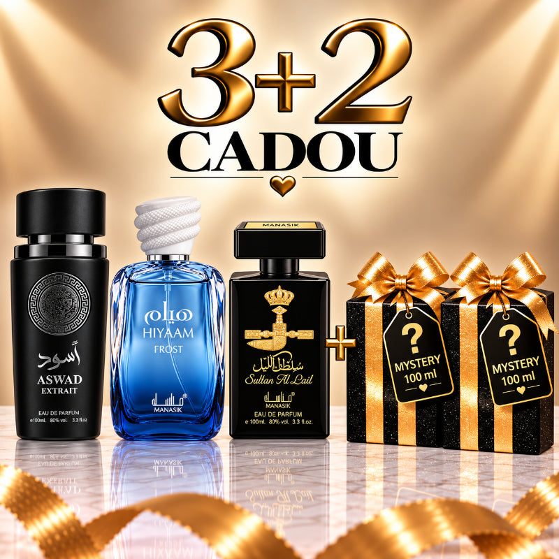 SET PARFUMURI BĂRBAȚI 3+2 MYSTERY – ASWAD EXTRACT + HIYAAM FROST + SULTAN AL LAIL + 2 PARFUMURI MYSTERY CADOU