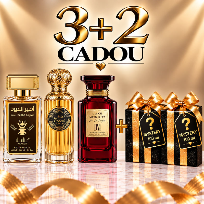 SET PARFUMURI UNISEX 3+2 MYSTERY – AMEER AL OUD ORIGINAL + QASAS HUDSON + LUXE CHERRY + 2 PARFUMURI MYSTERY CADOU