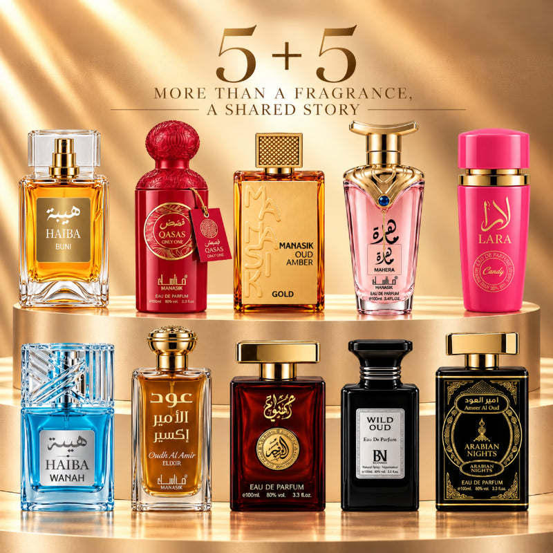 SET PARFUMURI UNISEX 5+5 – HAIBA BUNI + QASAS ONLY ONE + OUD AMBER GOLD + MAHERA + LARA CANDY + HAIBA WAHAH + OUD AL AMIR ELIXIR + OUD MALAKI DAHABI + WILD OUD + AMEER AL OUD ARABIAN NIGHTS
