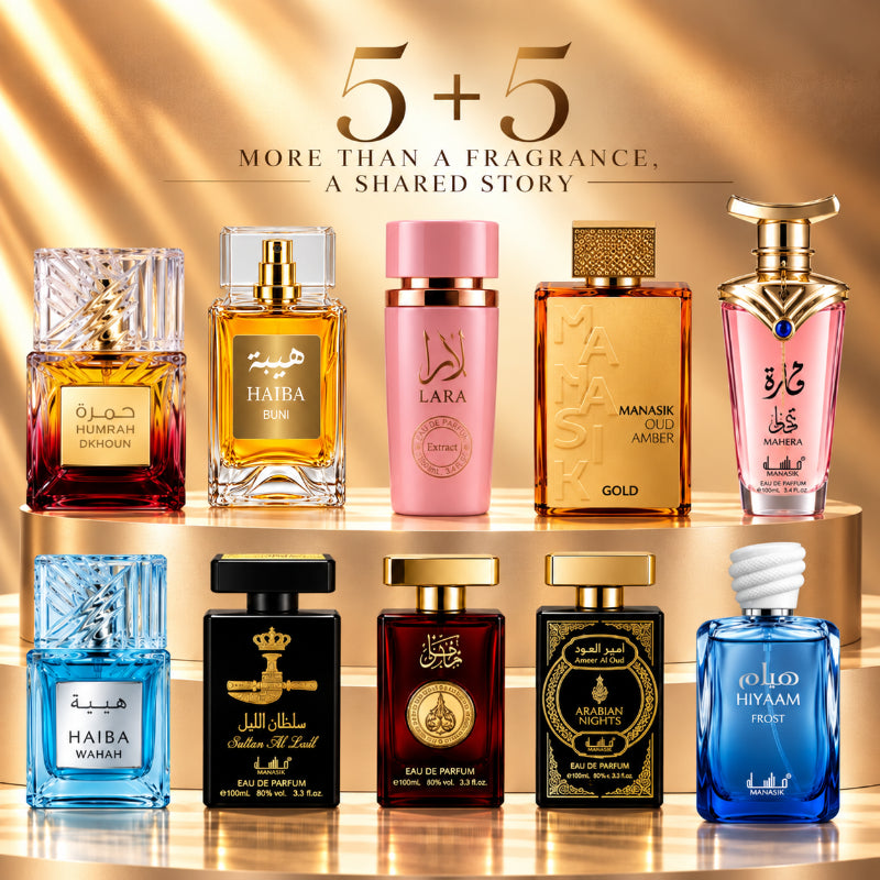 SET PARFUMURI UNISEX 5+5 – HUMRAH DKHOUN + HAIBA BUNI + LARA PINK + OUD AMBER + AMEER AL OUD ARABIAN NIGHTS + HAIBA WAHAH + MAHERA + OUD MALAKI DAHABI + SULTAN AL LAIL + HIYAAM FROST