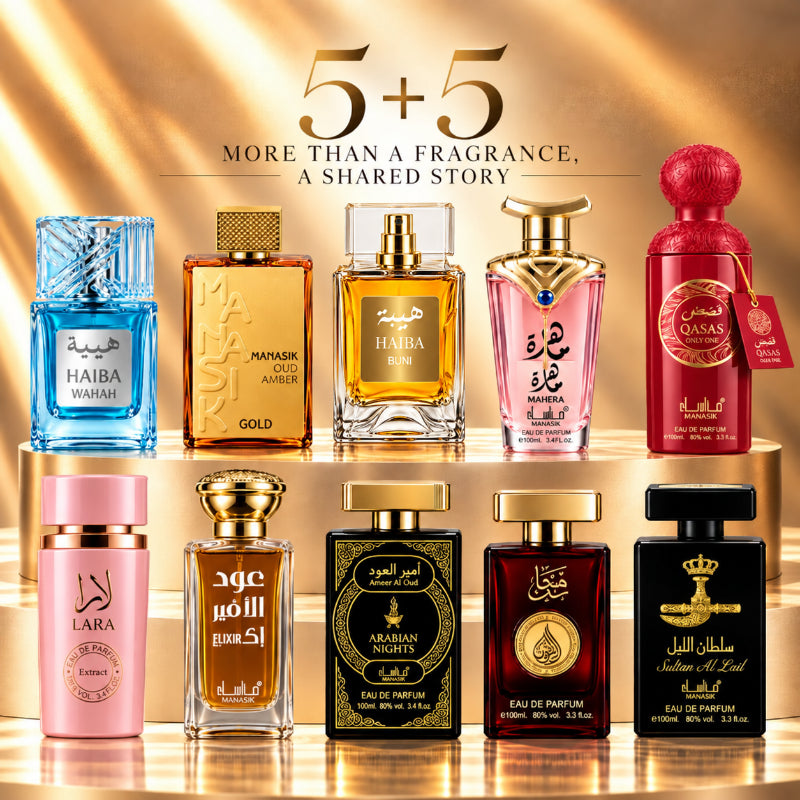 SET PARFUMURI UNISEX 5+5 – HAIBA WAHAH + OUD AMBER + HAIBA BUNI + MAHERA + QASAS ONLY ONE+ LARA PINK + OUD AL AMIR ELIXIR + AMEER AL OUD ARABIAN NIGHTS + OUD MALAKI DAHABI + SULTAN AL LAIL