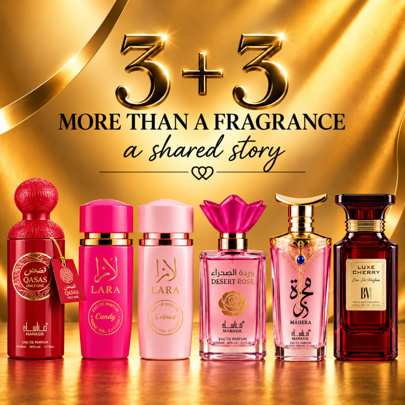 SET PARFUMURI DAMĂ 3+3 – LARA CANDY + LARA PINK + QASAS ONLY ONE + DESERT ROSE + MAHERA + LUXE CHERRY