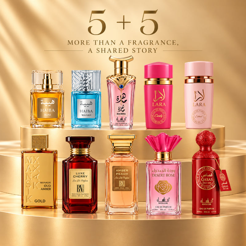 SET PARFUMURI DAMĂ 5+5 – LARA CANDY + LARA PINK + MAHERA + DESERT ROSE + AMBER PEACH + LUXE CHERRY + QASAS ONLY ONE + HAIBA BUNI + HAIBA WAHAH + OUD AMBER GOLD