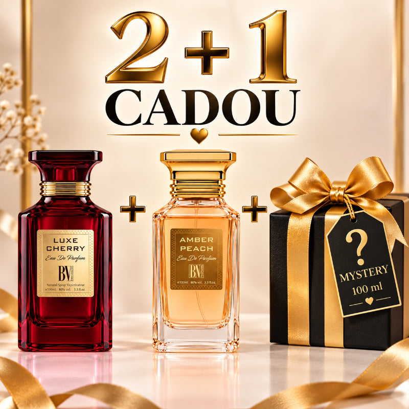 SET PARFUMURI DAMĂ 2+1 MYSTERY – LUXE CHERRY + AMBER PEACH + 1 PARFUM MYSTERY CADOU