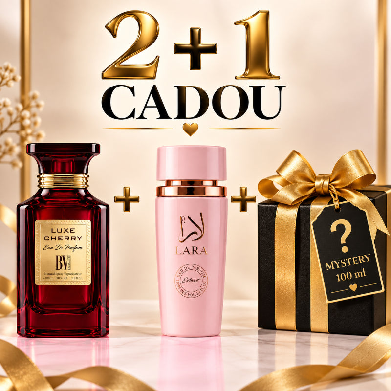 SET PARFUMURI DAMĂ 2+1 MYSTERY – LUXE CHERRY + LARA PINK + 1 PARFUM MYSTERY CADOU