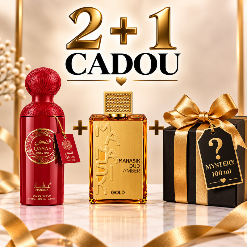 SET PARFUMURI UNISEX 2+1 MYSTERY – QASAS ONLY ONE + OUD AMBER GOLD + 1 PARFUM MYSTERY CADOU