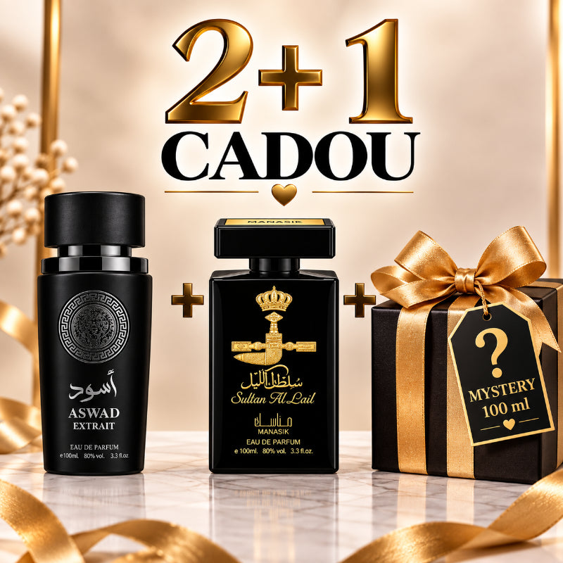 SET PARFUMURI BĂRBAȚI 2+1 MYSTERY – ASWAD EXTRAIT + SULTAN AL LAIL + 1 PARFUM MYSTERY CADOU