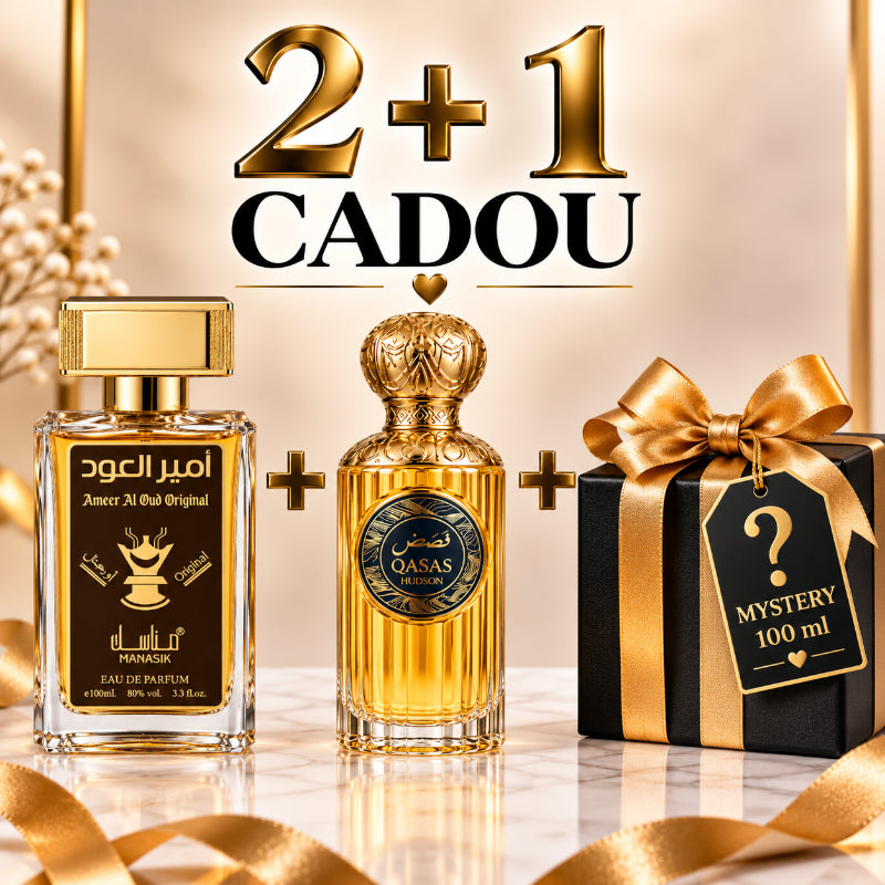 SET PARFUMURI BĂRBAȚI 2+1 MYSTERY – AMEER AL OUD ORIGINAL + QASAS HUDSON + 1 PARFUM MYSTERY CADOU