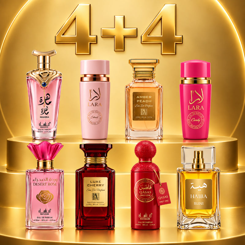 SET PARFUMURI DAMĂ 4+4 – MAHERA + LARA PINK + AMBER PEACH + LUXE CHERRY + LARA CANDY + DESERT ROSE + QASAS ONLY ONE + HAIBA BUNI