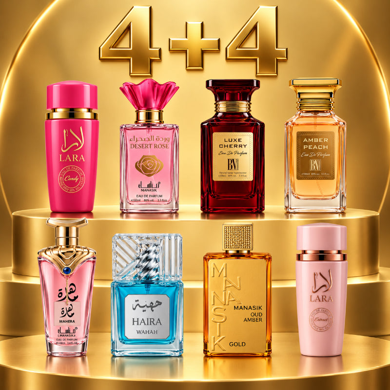 SET PARFUMURI DAMĂ 4+4 – LARA CANDY + DESERT ROSE + LUXE CHERRY + AMBER PEACH + MAHERA + LARA PINK + HAIBA WAHAH + OUD AMBER GOLD