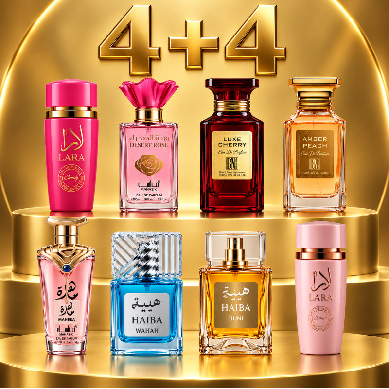 SET PARFUMURI DAMĂ 4+4 – LARA PINK + MAHERA + LARA CANDY + DESERT ROSE + AMBER PEACH + LUXE CHERRY + HAIBA BUNI + HAIBA WAHAH