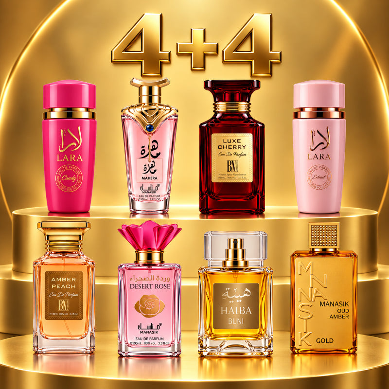 SET PARFUMURI DAMĂ 4+4 – LARA CANDY + MAHERA + LUXE CHERRY + LARA PINK + AMBER PEACH + DESERT ROSE + HAIBA BUNI + OUD AMBER GOLD