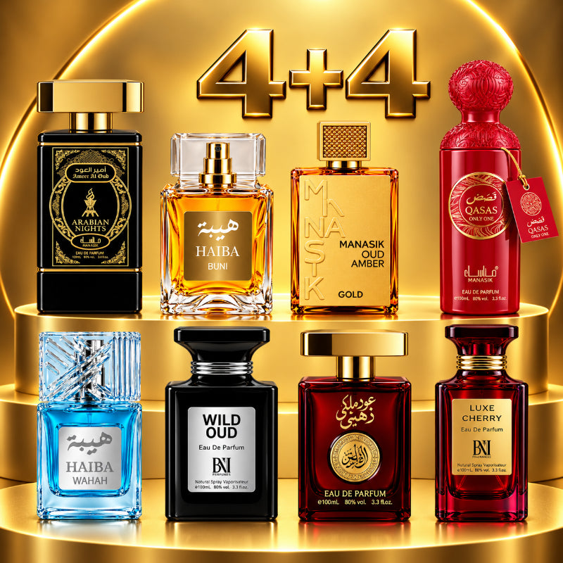 SET PARFUMURI UNISEX 4+4 – AMEER AL OUD ARABIAN NIGHTS + HAIBA BUNI + OUD AMBER GOLD + QASAS ONLY ONE + HAIBA WAHAH + OUD MALAKI + WILD OUD + LUXE CHERRY