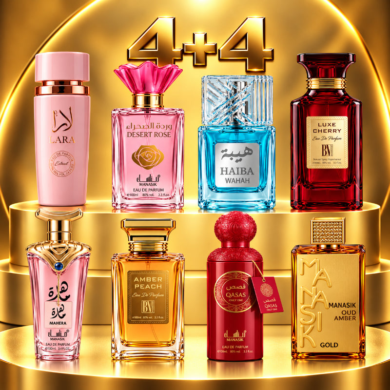 SET PARFUMURI DAMĂ 4+4 – LARA PINK + DESERT ROSE + HAIBA WAHAH + LUXE CHERRY + MAHERA + AMBER PEACH + QASAS ONLY ONE + OUD AMBER GOLD