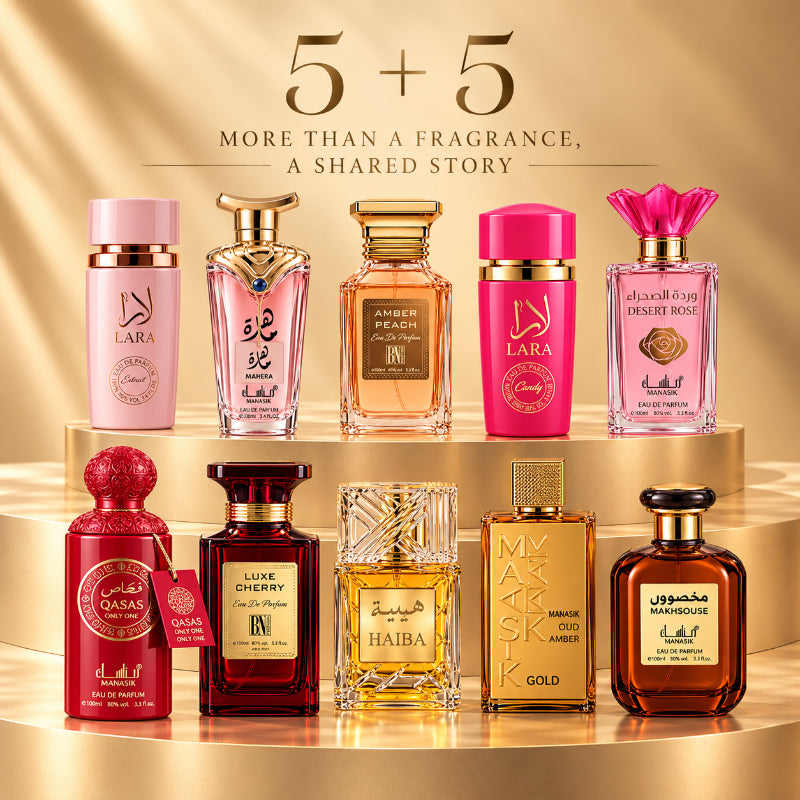 SET PARFUMURI DAMĂ 5+5 – LARA PINK + MAHERA + AMBER PEACH + LARA CANDY + DESERT ROSE + QASAS ONLY ONE + LUXE CHERRY + OUD AMBER GOLD + HAIBA+ MAKHSOUSE