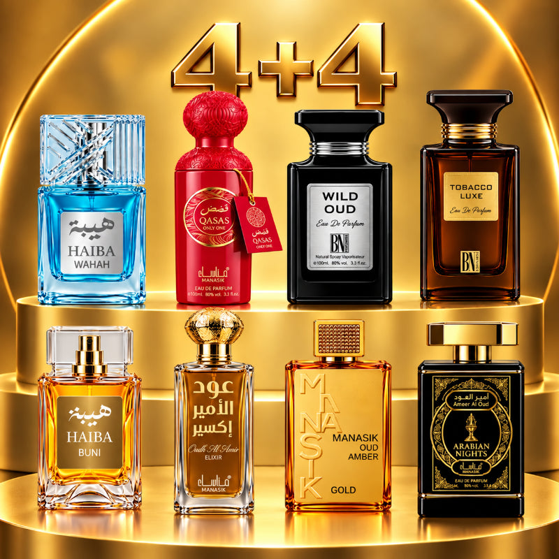 SET PARFUMURI UNISEX 4+4 – HAIBA WAHAH + QASAS ONLY ONE + WILD OUD + TOBACCO LUXE + HAIBA BUNI + OUD AL AMIR ELIXIR + OUD AMBER GOLD + AMEER AL OUD ARABIAN NIGHTS