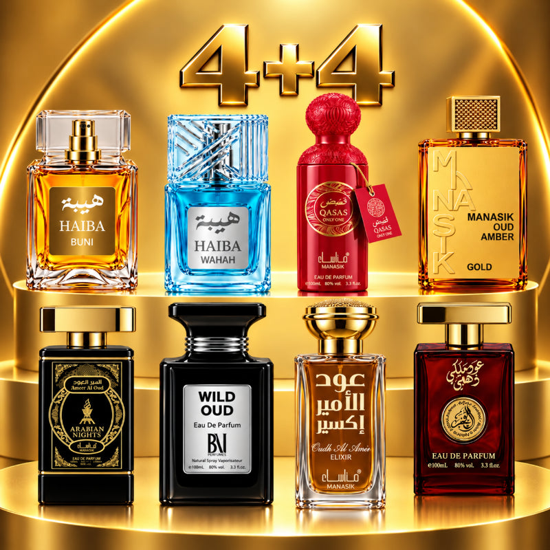 SET PARFUMURI UNISEX 4+4 – HAIBA BUNI + HAIBA WAHAH + QASAS ONLY ONE + OUD AMBER GOLD + AMEER AL OUD ARABIAN NIGHTS + WILD OUD + OUD AL AMIR ELIXIR + OUD MALAKI