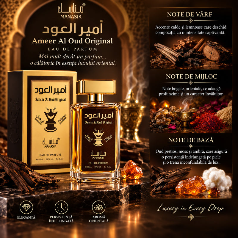 Eau de Parfum Ameer Al Oud Original, Unisex, 100 ml – O Călătorie Senzorială în Inima Orientului