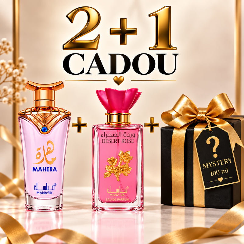 SET PARFUMURI DAMĂ 2+1 MYSTERY – MAHERA + DESERT ROSE + 1 PARFUM MYSTERY CADOU
