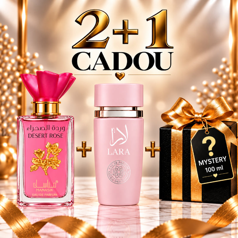 SET PARFUMURI DAMĂ 2+1 MYSTERY – DESERT ROSE + LARA PINK + 1 PARFUM MYSTERY CADOU
