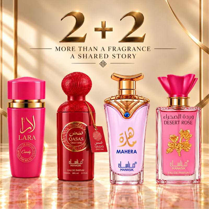 SET PARFUMURI DAMĂ 2+2 – LARA CANDY + QASAS ONLY ONE + MAHERA + DESERT ROSE