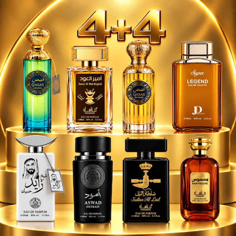 SET PARFUMURI BĂRBAȚI 4+4 – QASAS IMPERIAL + MAKHSOUSE + ASWAD EXTRAIT + AMEER AL OUD ORIGINAL + QASAS HUDSON + SUPER LEGEND + SHAIKH ZAYED MUSK + SULTAN AL LAIL