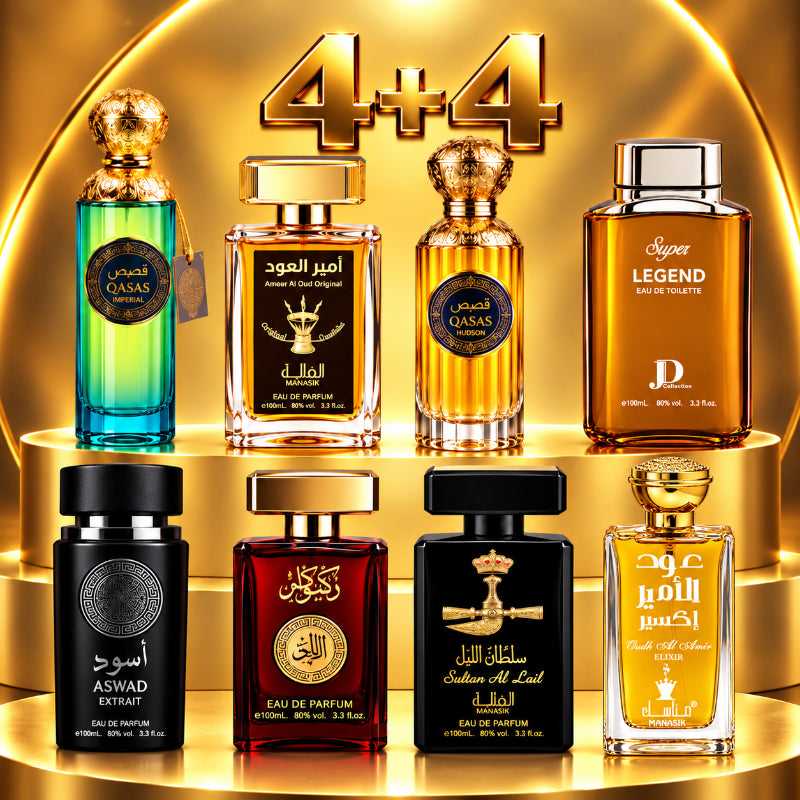 SET PARFUMURI BĂRBAȚI 4+4 - AMEER AL OUD ORIGINAL + QASAS HUDSON + OUDH ELIXIR + ASWAD EXTRAIT + SUPER LEGEND + OUD MALAKI + SULTAN AL LAIL + QASAS IMPERIAL