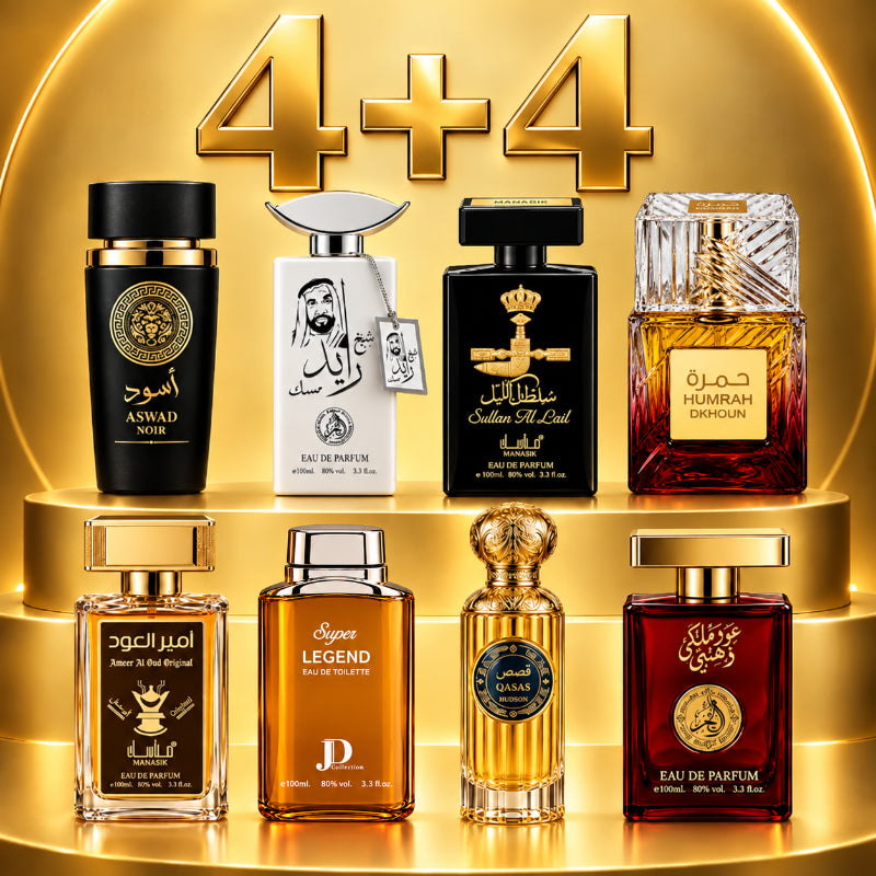 SET PARFUMURI BĂRBAȚI 4+4 - ASWAD NOIR + SULTAN AL LAIL + SHAIKH ZAYED MUSK + HUMRAH DKHOUN + AMEER AL OUD ORIGINAL + SUPER LEGEND + QASAS HUDSON + OUD MALAKI