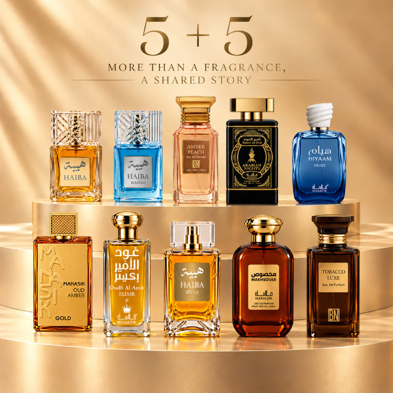 SET PARFUMURI UNISEX 5+5 – HAIBA + HAIBA WAHAH + AMBER PEACH + HAIBA BUNI + HIYAAM FROST + OUD AMBER GOLD + OUD AL AMIR ELIXIR + MAKHSOUSE + AMEER AL OUD ARABIAN NIGHTS + TOBACCO LUXE