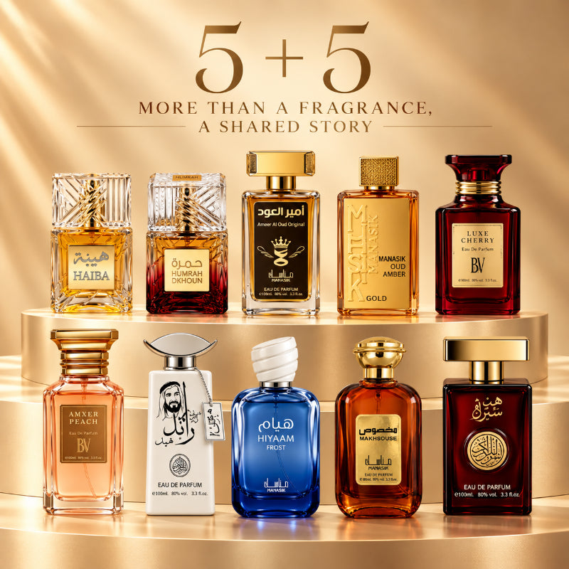 SET PARFUMURI UNISEX 5+5 – HAIBA + HUMRAH DKHOUN + AMEER AL OUD ORIGINAL + OUD AMBER GOLD + LUXE CHERRY + AMBER PEACH + SHEIKH ZAYED + HIYAAM FROST + MAKHSOUSE + OUD MALAKI DAHABI