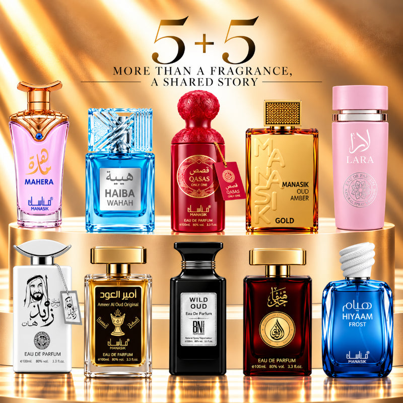 SET PARFUMURI UNISEX 5+5 – MAHERA + HAIBA WAHAH + QASAS + OUD AMBER + LARA PINK + SHEIKH ZAYED MUSK + AMEER AL OUD ORIGINAL + WILD OUD + OUD MALAKI DAHABI + HIYAAM FROST
