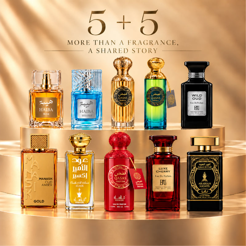 SET PARFUMURI UNISEX 5+5 – AMEER AL OUD ARABIAN NIGHTS + HAIBA BUNI + HAIBA WAHAH + OUD AMBER + QASAS HUDSON  + OUD AL AMIR ELIXIR + WILD OUD + QASAS ONLY ONE + LUXE CHERRY + QASAS IMPERIAL
