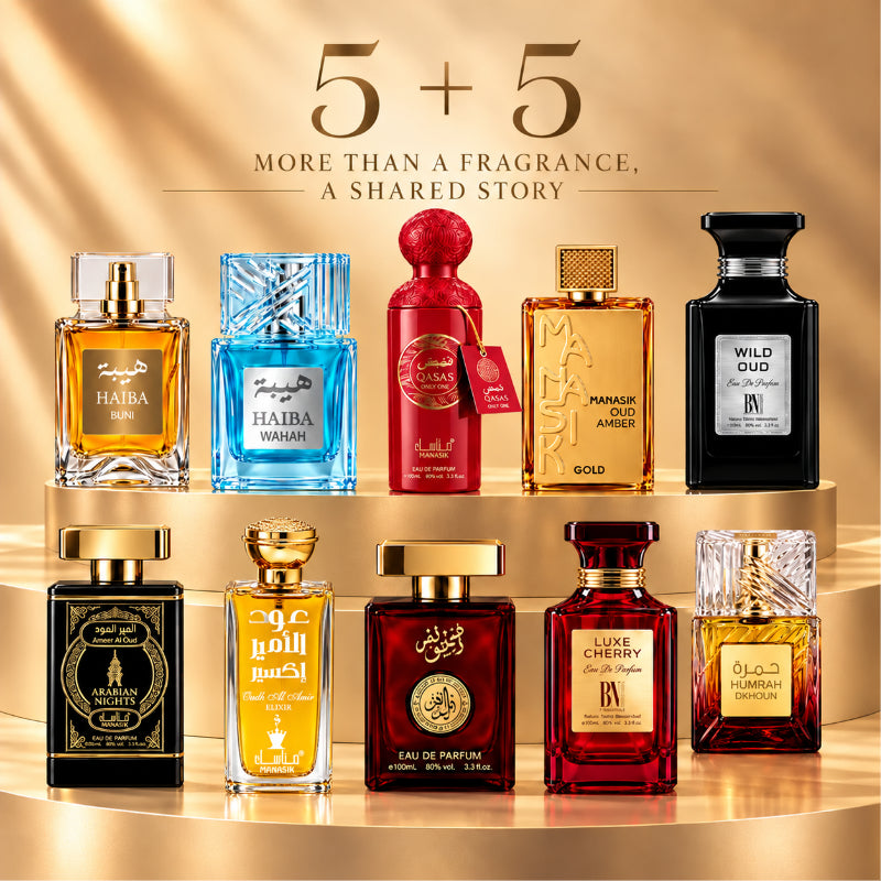 SET PARFUMURI UNISEX 5+5 – HAIBA BUNI + HAIBA WAHAH + QASAS ONLY ONE + OUD AMBER GOLD + WILD OUD + AMEER AL OUD ARABIAN NIGHTS + OUD AL AMIR ELIXIR + OUD MALAKI + LUXE CHERRY + HUMRAH DKHOUN