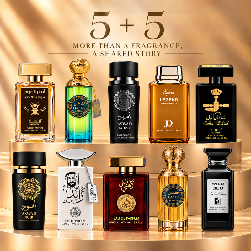 SET PARFUMURI BĂRBAȚI 5+5 – ASWAD EXTRAIT + SUPER LEGEND + ASWAD NOIR + AMEER AL OUD ORIGINAL + SULTAN AL LAIL + SHAIKH ZAYED MUSK + QASAS IMPERIAL + QASAS HUDSON + OUD MALAKI + LIQUID BLAZE