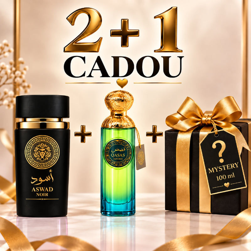 SET PARFUMURI BĂRBAȚI 2+1 MYSTERY – ASWAD NOIR + QASAS IMPERIAL + 1 PARFUM MYSTERY CADOU