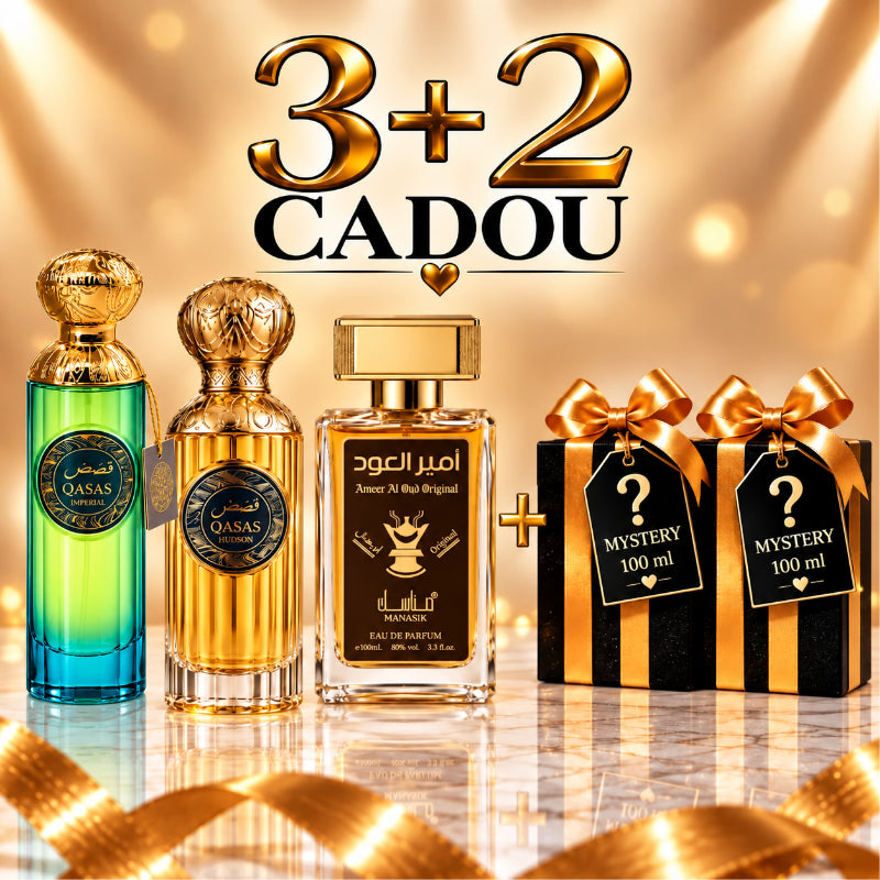 SET PARFUMURI UNISEX 3+2 MYSTERY – QASAS IMPERIAL + QASAS HUDSON + AMEER AL OUD ORIGINAL + 2 PARFUMURI MYSTERY CADOU