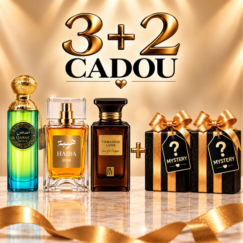 SET PARFUMURI UNISEX 3+2 MYSTERY – QASAS IMPERIAL + HAIBA BUNI + TOBACCO LUXE + 2 PARFUMURI MYSTERY CADOU