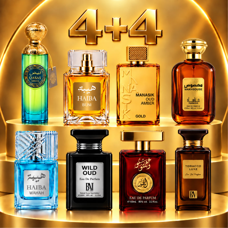 SET PARFUMURI UNISEX 4+4 – QASAS IMPERIAL + HAIBA BUNI + OUD AMBER GOLD + MAKHSOUSE + HAIBA WAHAH + WILD OUD + OUD MALAKI + TOBACCO LUXE