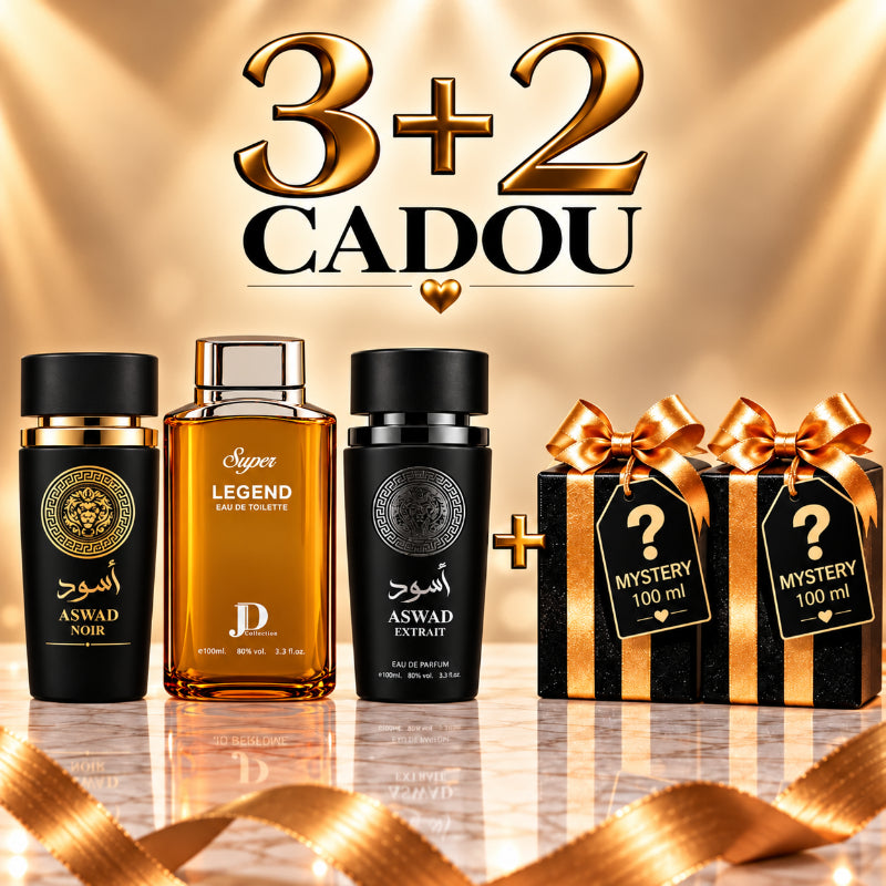 SET PARFUMURI BĂRBAȚI 3+2 MYSTERY – ASWAD NOIR + SUPER LEGEND + ASWAD EXTRAIT + 2 PARFUMURI MYSTERY CADOU