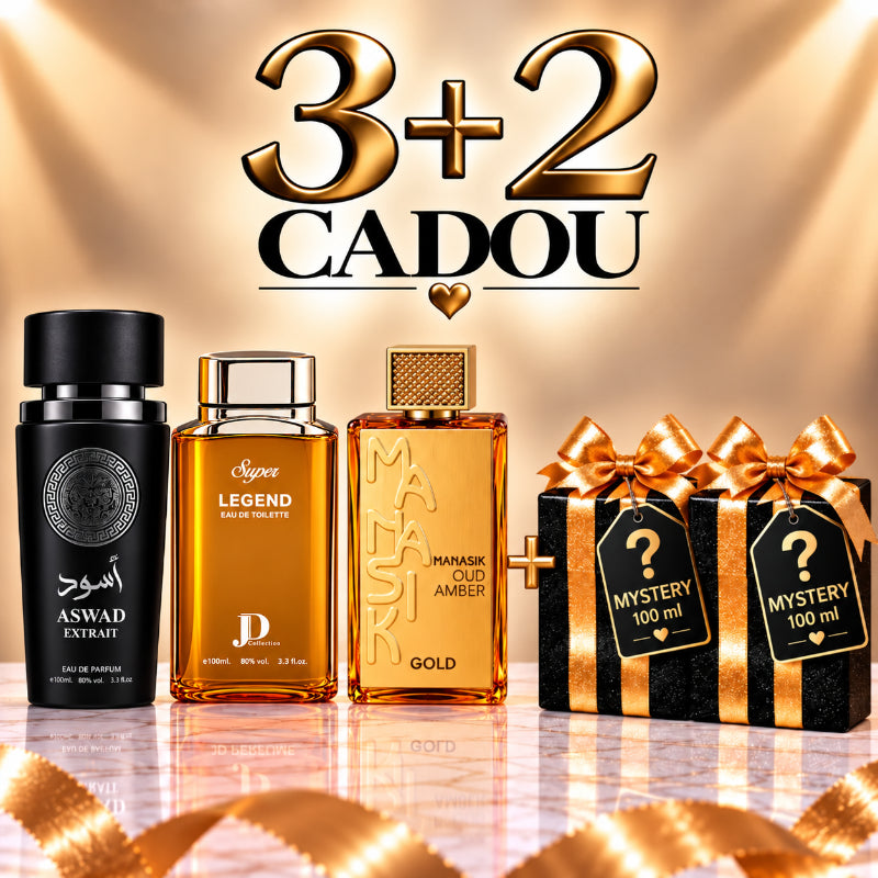 SET PARFUMURI BĂRBAȚI 3+2 MYSTERY – ASWAD EXTRACT + SUPER LEGEND + OUD AMBER GOLD + 2 PARFUMURI MYSTERY CADOU